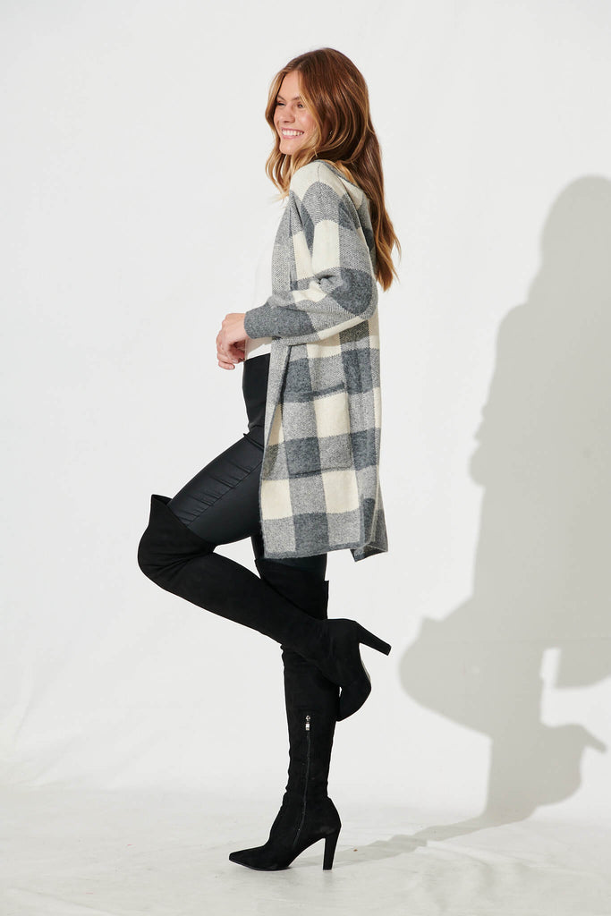 Dina Hood Knit Cardigan In Grey Check Wool Blend - side