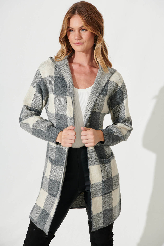 Dina Hood Knit Cardigan In Grey Check Wool Blend - front