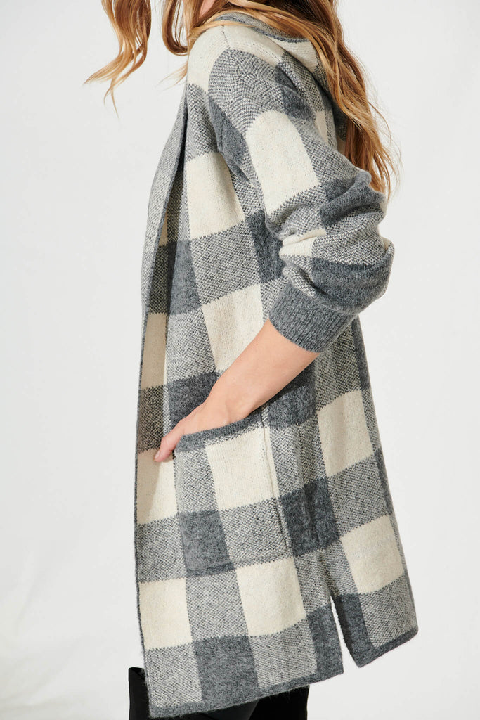 Dina Hood Knit Cardigan In Grey Check Wool Blend - detail