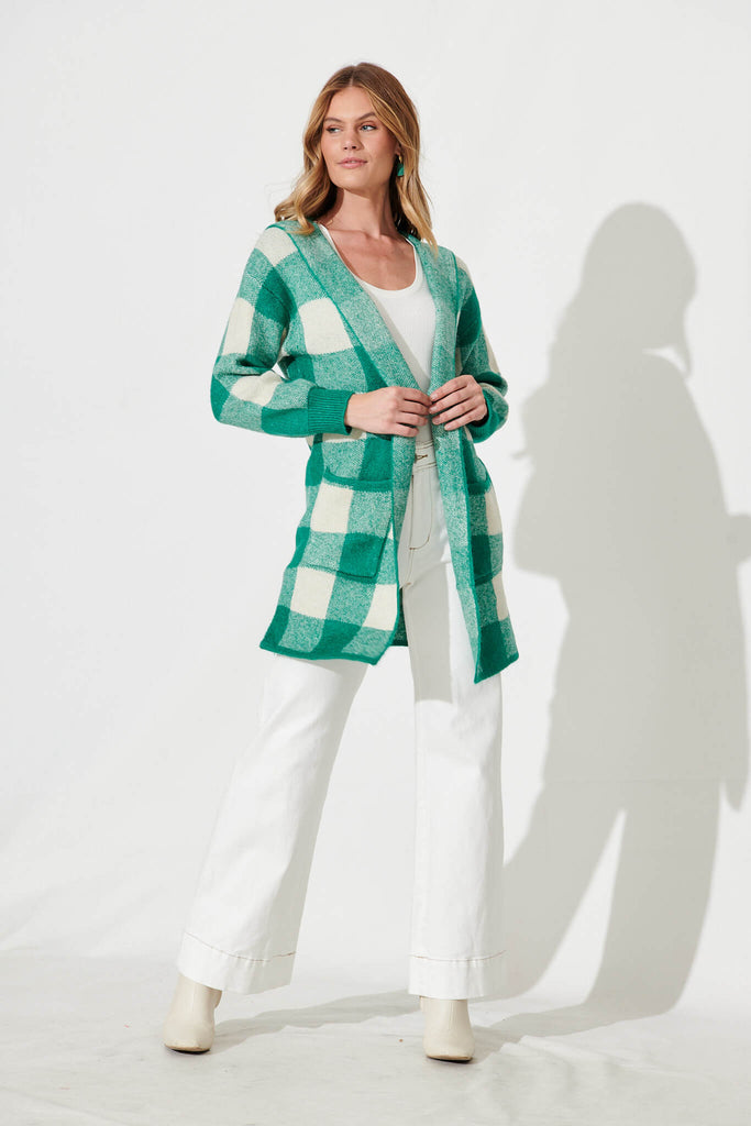 Dina Hood Knit Cardigan In Green Check Wool Blend - full length