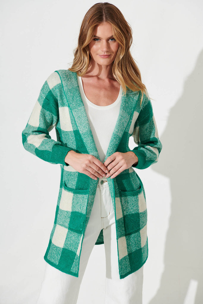 Dina Hood Knit Cardigan In Green Check Wool Blend - front