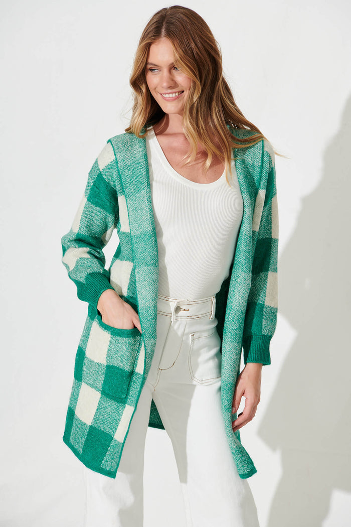 Dina Hood Knit Cardigan In Green Check Wool Blend - front