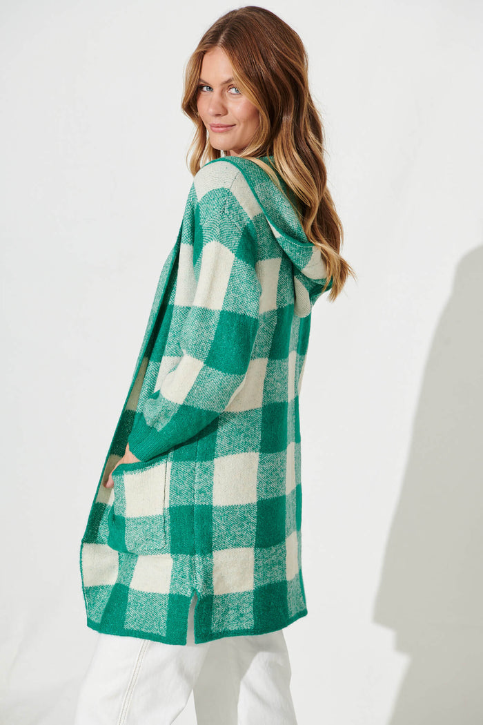 Dina Hood Knit Cardigan In Green Check Wool Blend - side