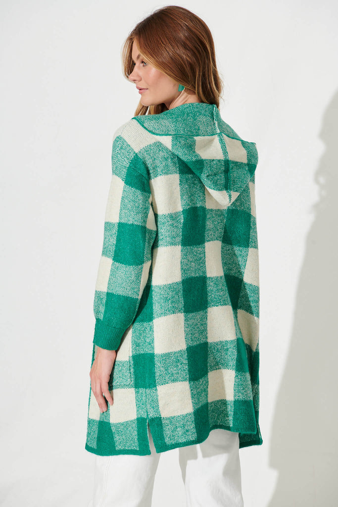 Dina Hood Knit Cardigan In Green Check Wool Blend - back
