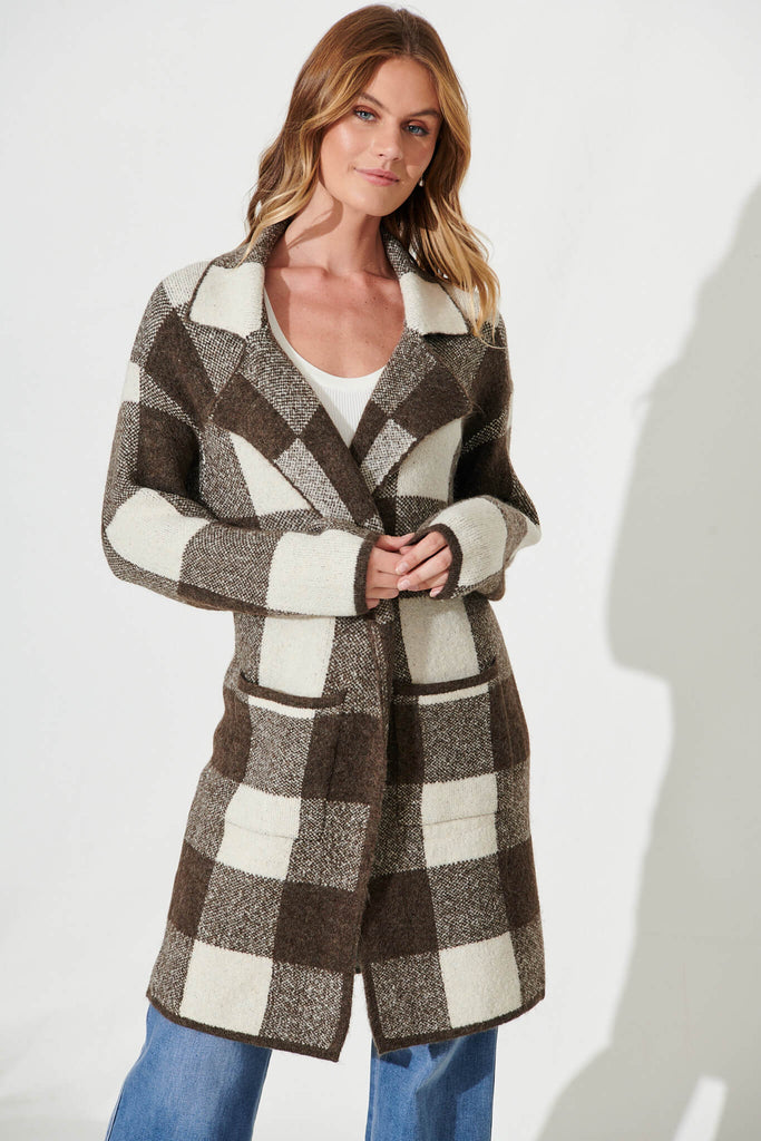 Thelma Knit Coatigan In Beige With Brown Check Wool Blend - front