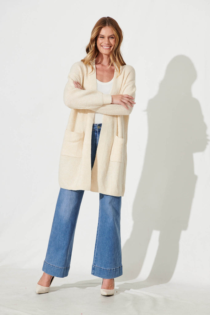 Zayla Knit Cardigan In Cream Wool Blend - full length