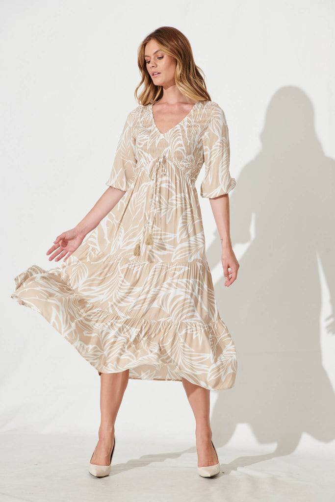 Linda Midi Dress In Taupe With White Leaf Print - full length