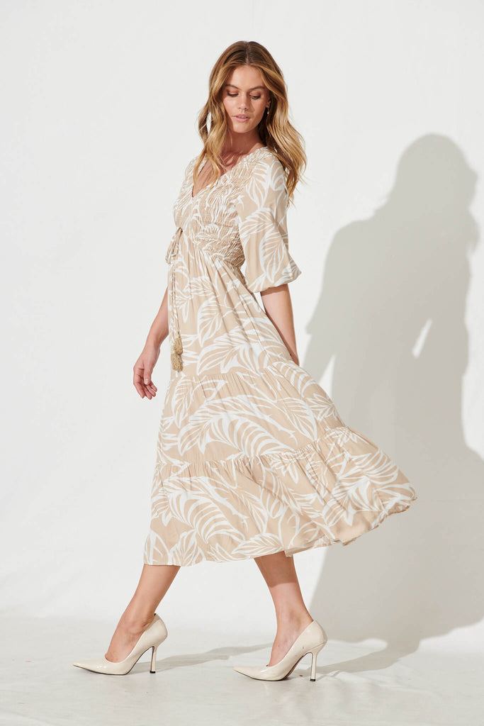Linda Midi Dress In Taupe With White Leaf Print - side