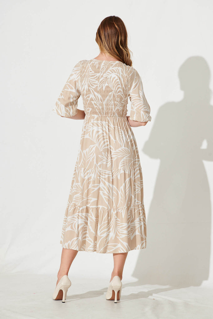 Linda Midi Dress In Taupe With White Leaf Print - back