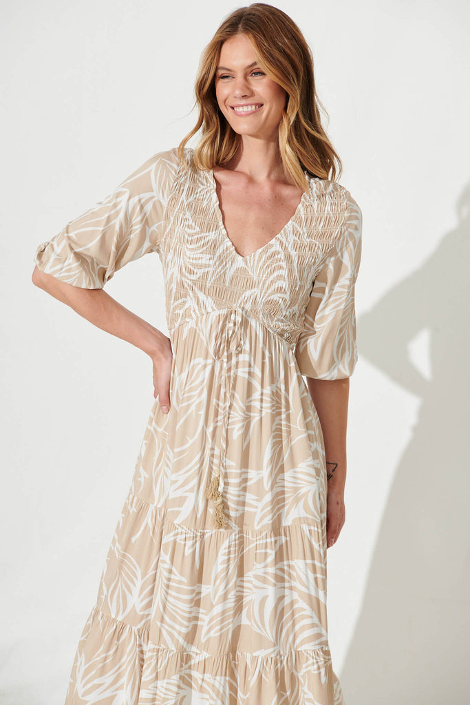 Linda Midi Dress In Taupe With White Leaf Print - front