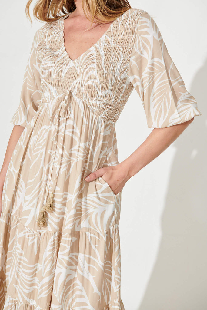Linda Midi Dress In Taupe With White Leaf Print - detail