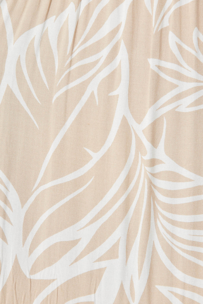 Linda Midi Dress In Taupe With White Leaf Print - fabric