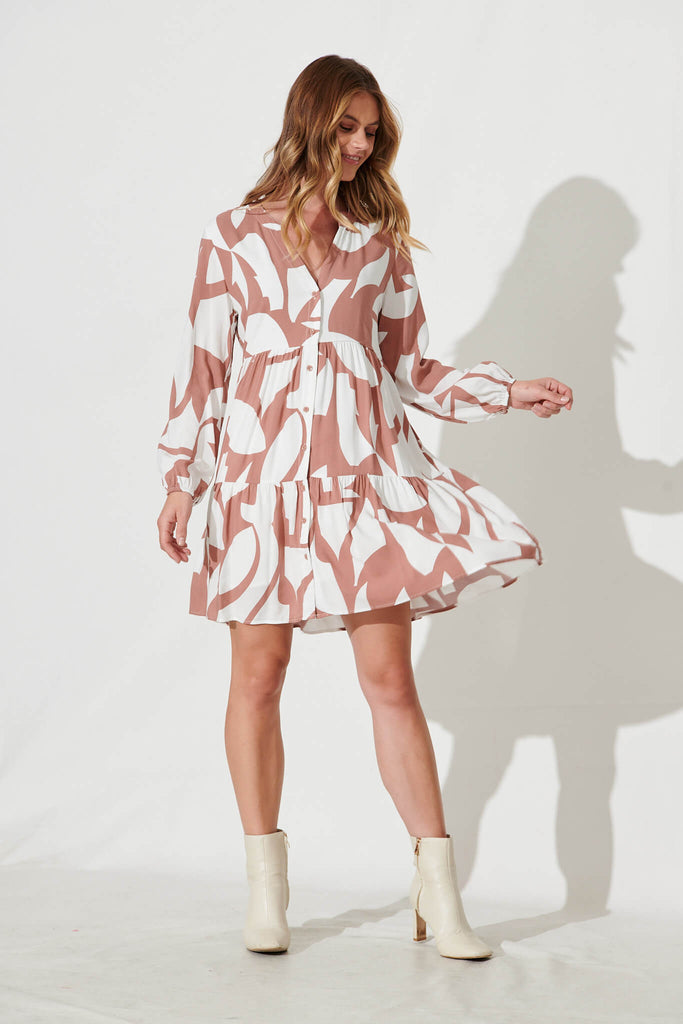 Cozumel Smock Dress In Tan And Cream Geometric Print - full length
