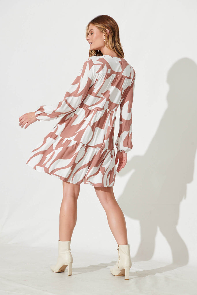 Cozumel Smock Dress In Tan And Cream Geometric Print - back