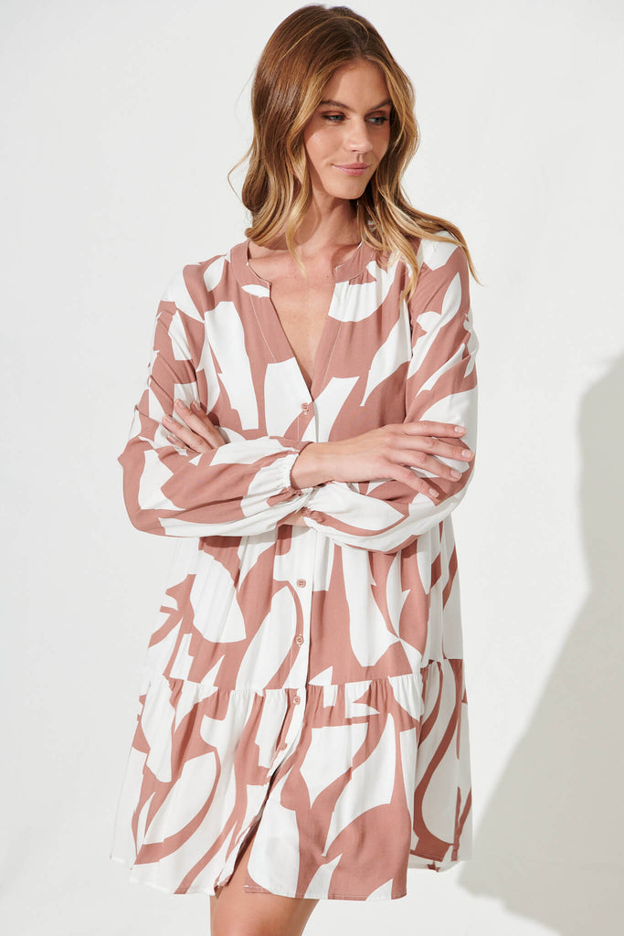Cozumel Smock Dress In Tan And Cream Geometric Print - front