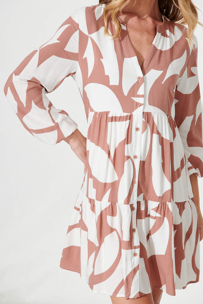 Cozumel Smock Dress In Tan And Cream Geometric Print - detail