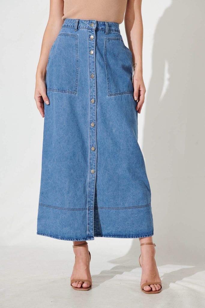 Hayden Maxi Denim Skirt In Mid Blue - front