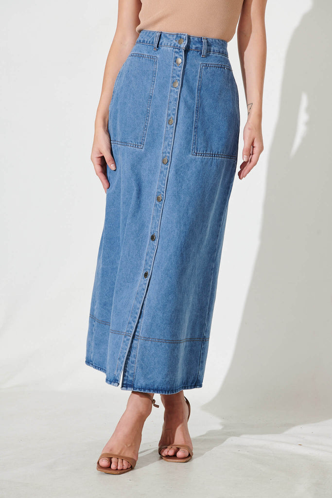 Hayden Maxi Denim Skirt In Mid Blue - front