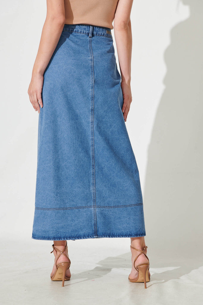 Hayden Maxi Denim Skirt In Mid Blue - back
