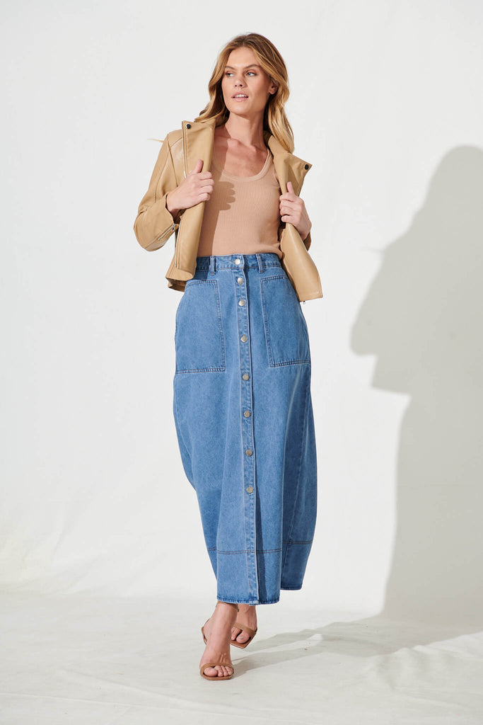 Hayden Maxi Denim Skirt In Mid Blue - full length