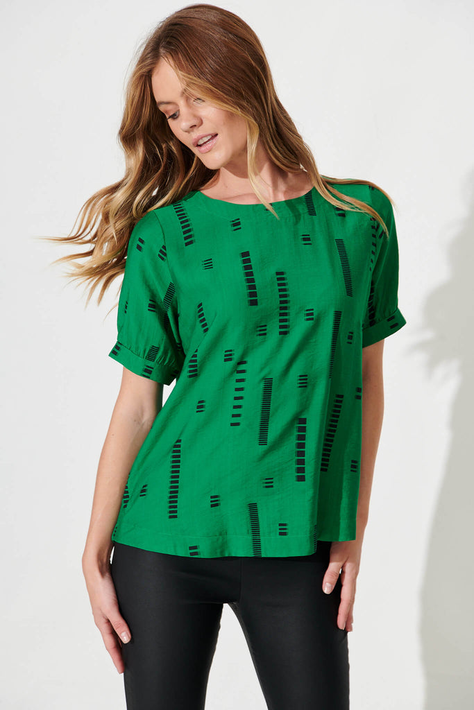 Larsson Top In Green With Black Print Cotton Blend - front