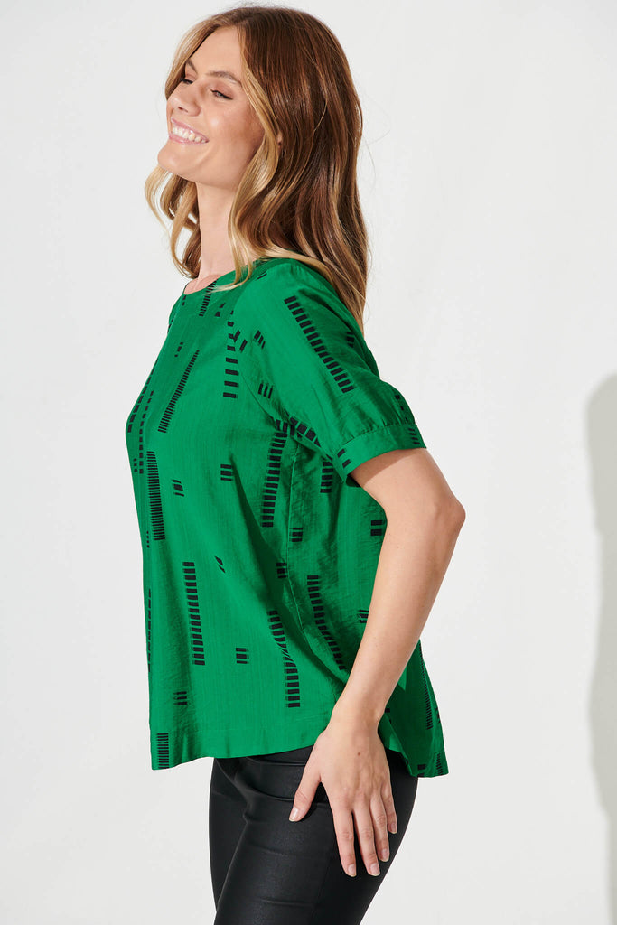 Larsson Top In Green With Black Print Cotton Blend - side
