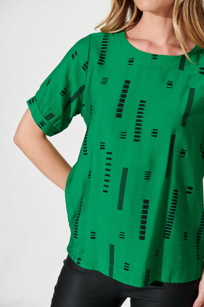 Larsson Top In Green With Black Print Cotton Blend - detail