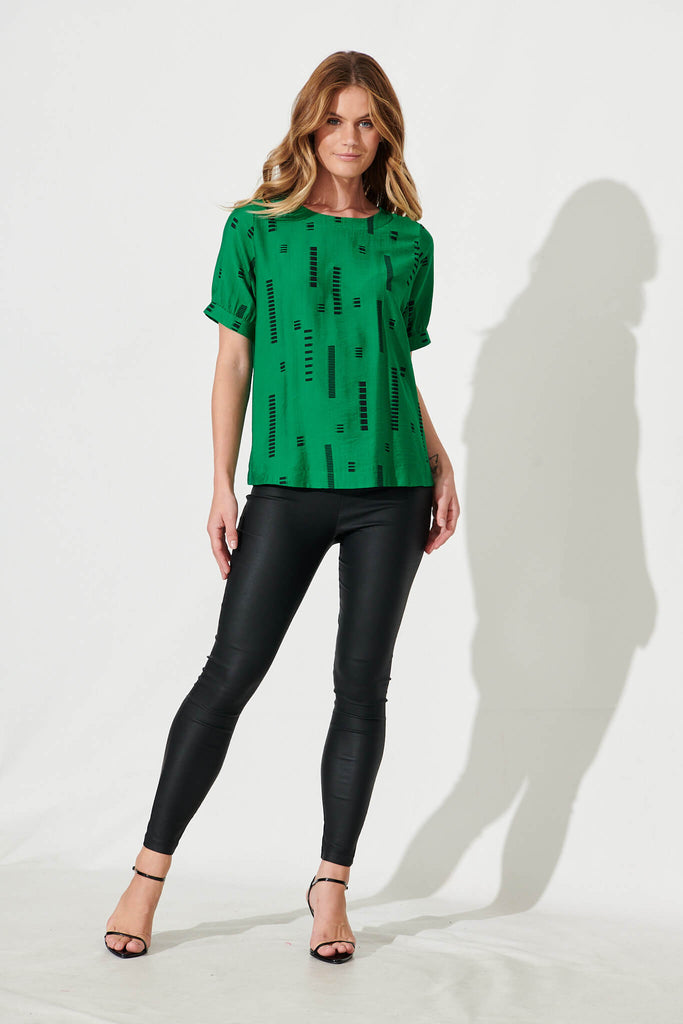 Larsson Top In Green With Black Print Cotton Blend - full length