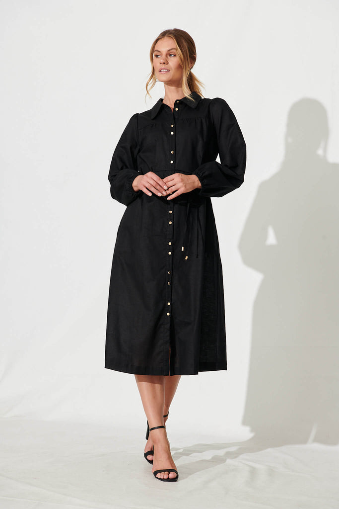 Landed Midi Shirt Dress In Black Cotton Linen - full length