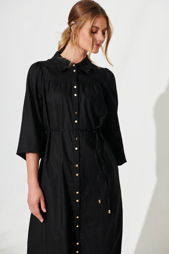 Landed Midi Shirt Dress In Black Cotton Linen - front