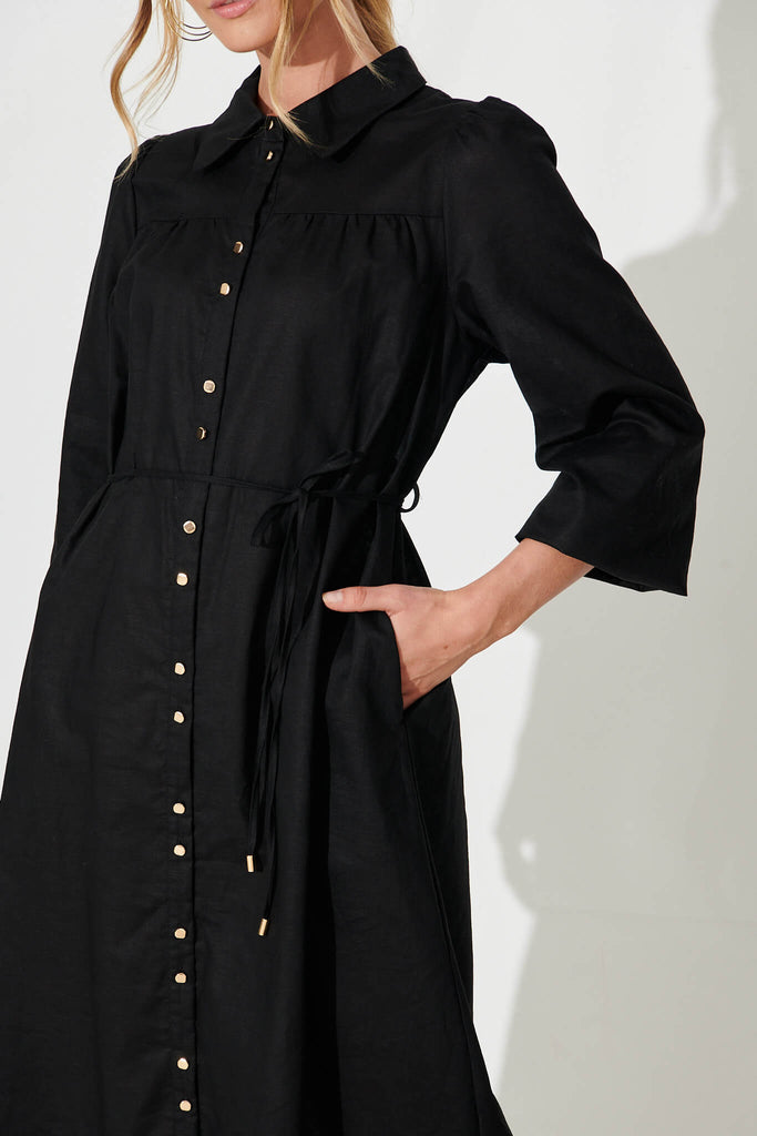 Landed Midi Shirt Dress In Black Cotton Linen - detail