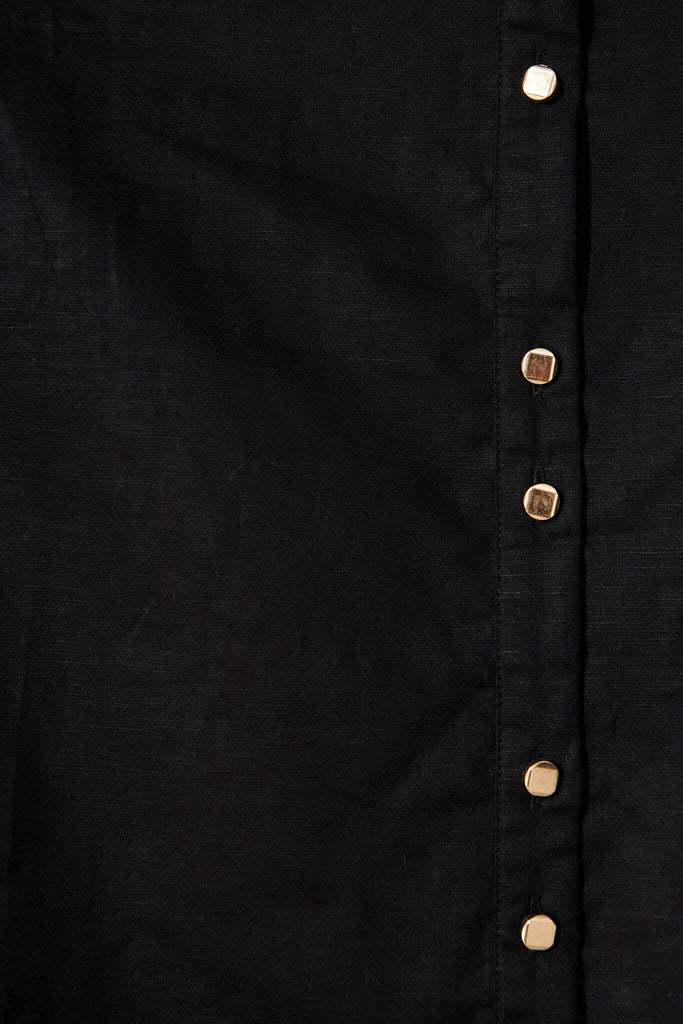 Landed Midi Shirt Dress In Black Cotton Linen - fabric