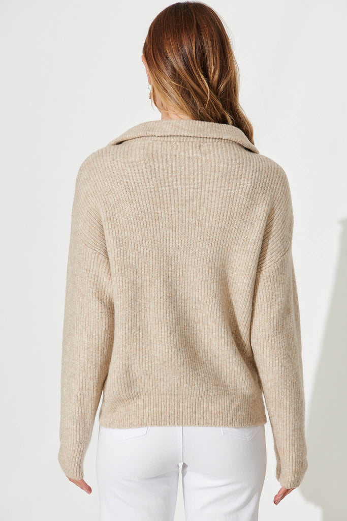 Uma Zip Athleisure Knit In Taupe Wool Blend - back