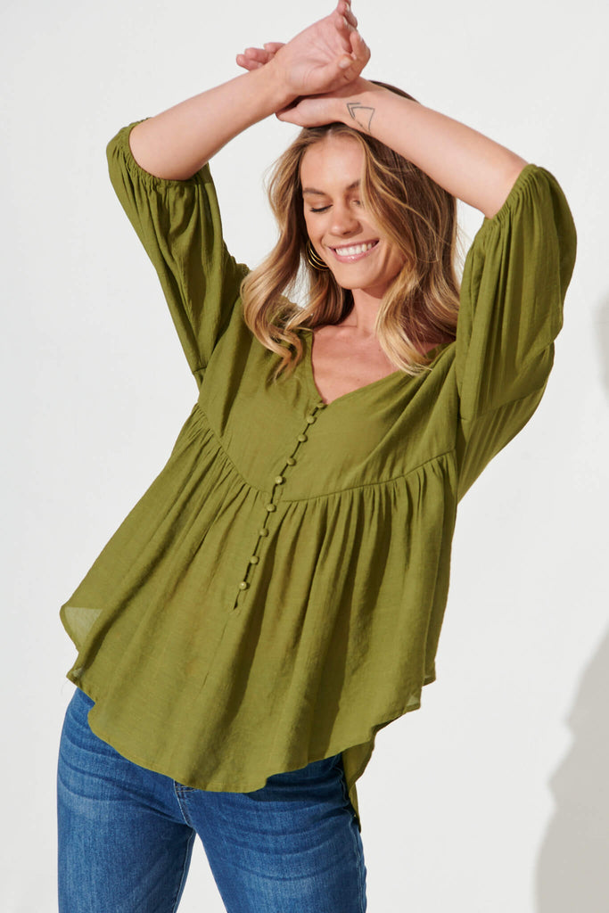 Swanson Smock Top In Olive Green - front