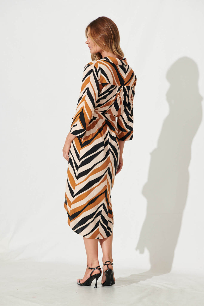 Collette Midi Shirt Dress In Beige With Brown Zig Zag Print - back