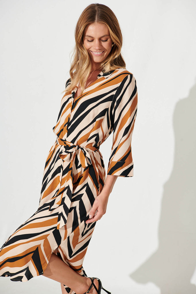 Collette Midi Shirt Dress In Beige With Brown Zig Zag Print - front