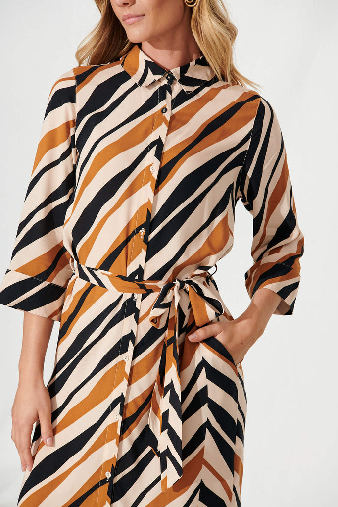 Collette Midi Shirt Dress In Beige With Brown Zig Zag Print - detail