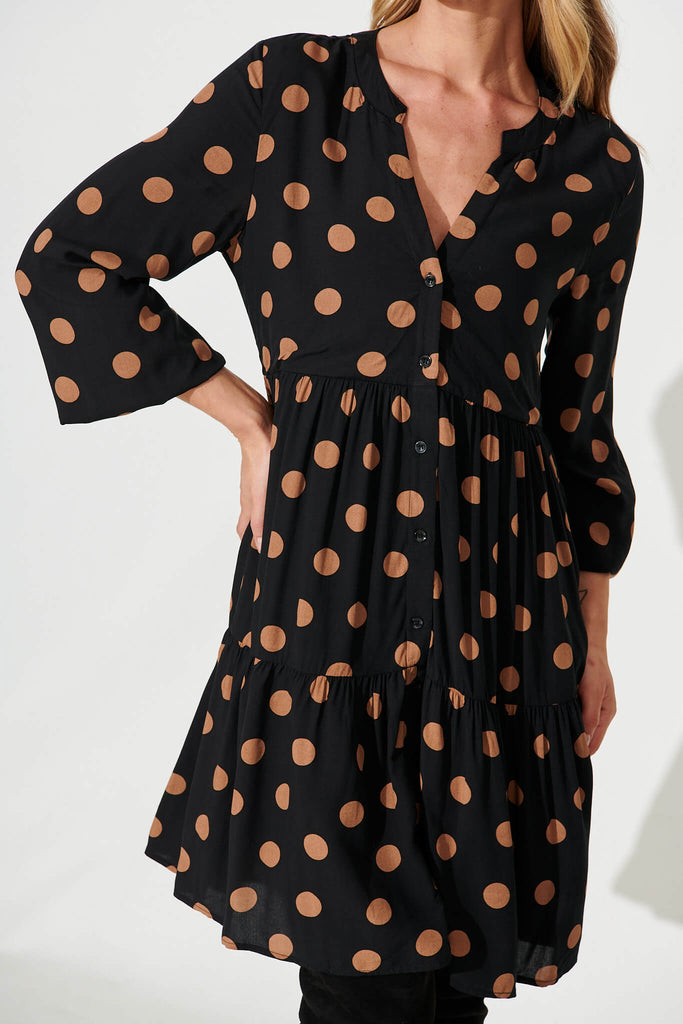 Garlinda Smock Dress In Black With Brown Spot - detail