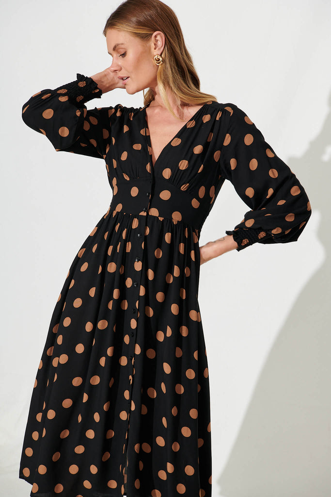 Thurman Midi Dress In Black With Brown Spot - front