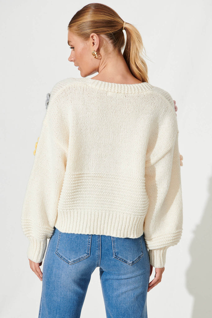 Icon Knit Cardigan In Cream With Flower Wool Blend - back