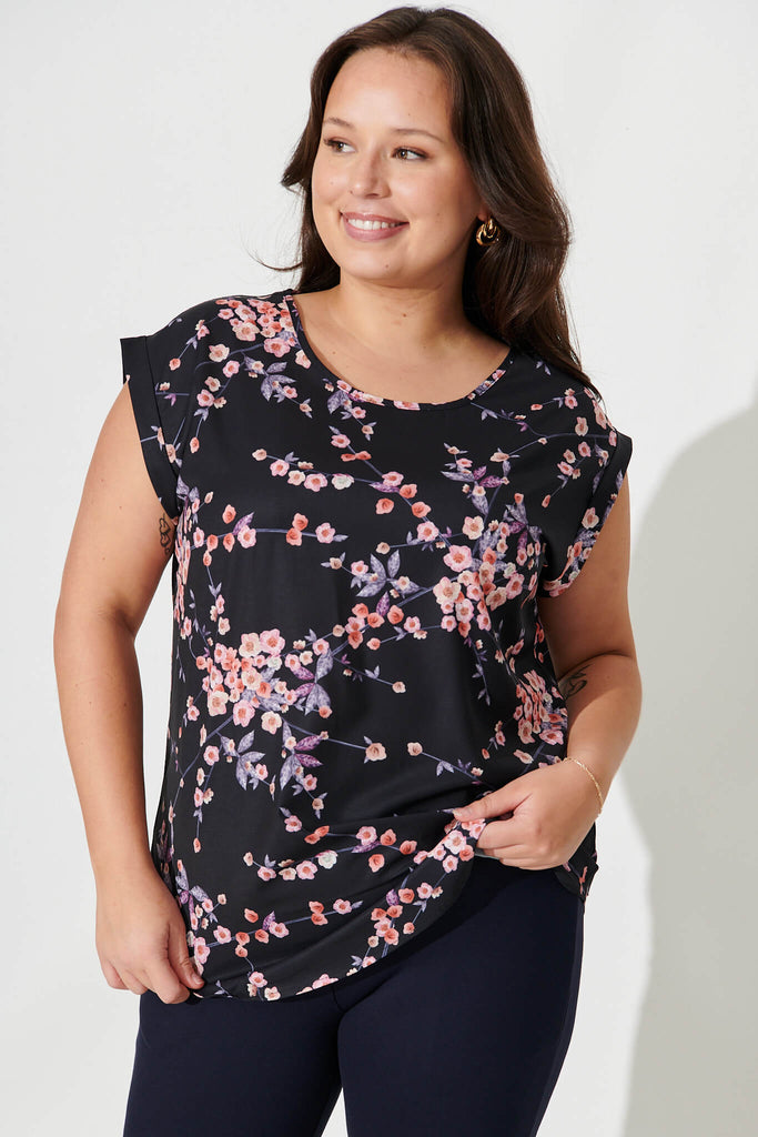 Rejina Top In Black With Cherry Blossom - front
