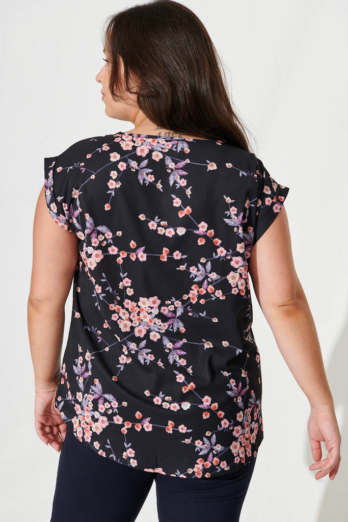 Rejina Top In Black With Cherry Blossom - back