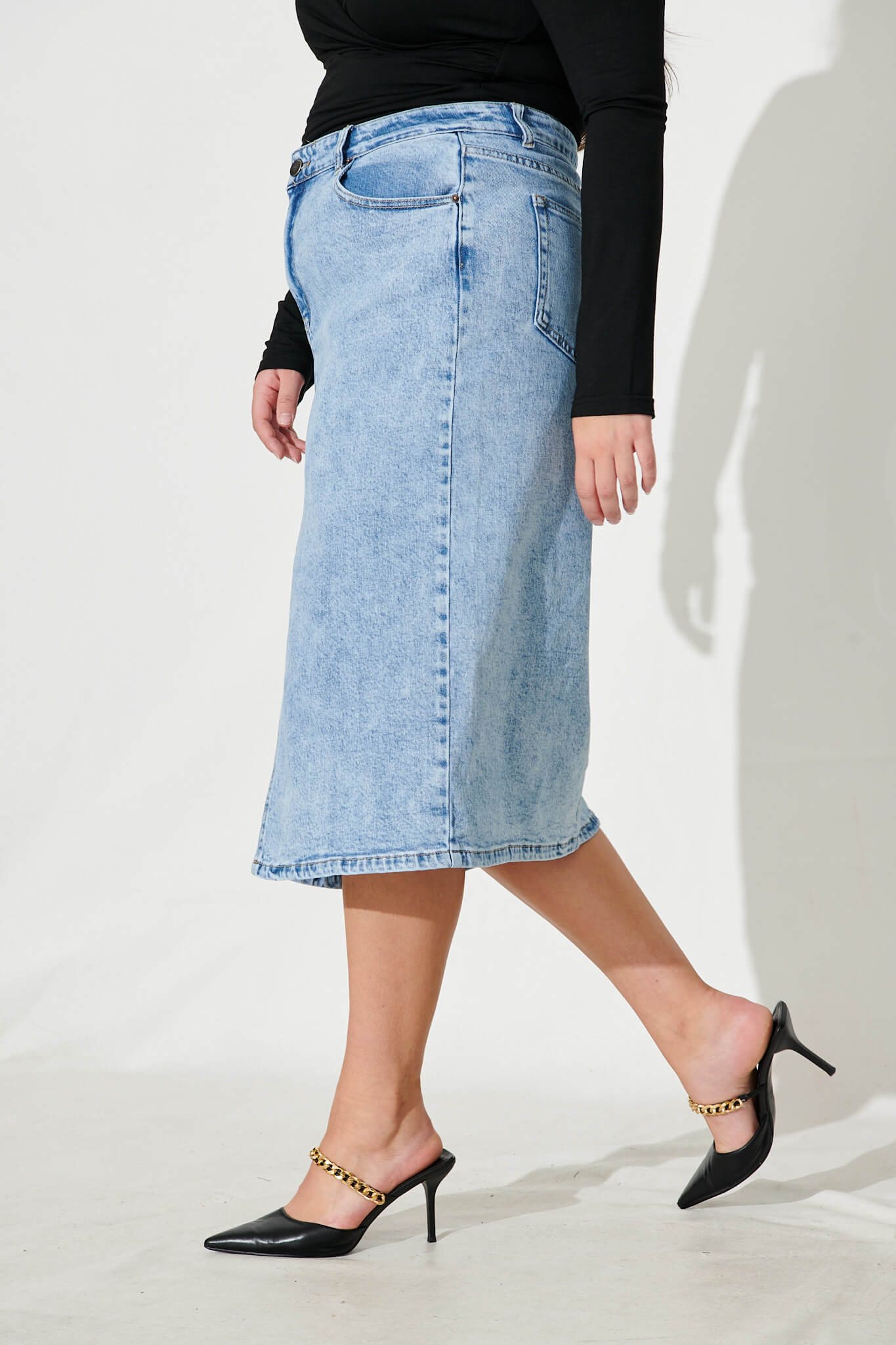 Deja Vu Midi Stretch Denim Skirt In Light Blue Wash St Frock