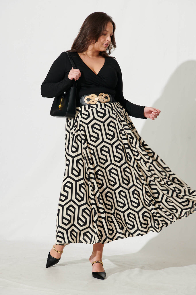 Brandsy Maxi Skirt In Cream With Black Geometric Print - full length