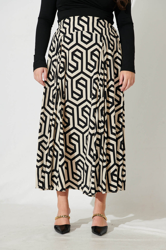 Brandsy Maxi Skirt In Cream With Black Geometric Print - front