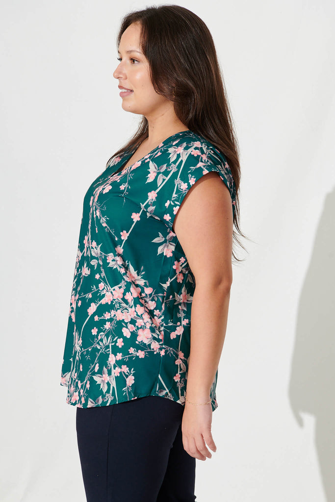 Jina Top In Teal With Pink Cherry Blossom - side