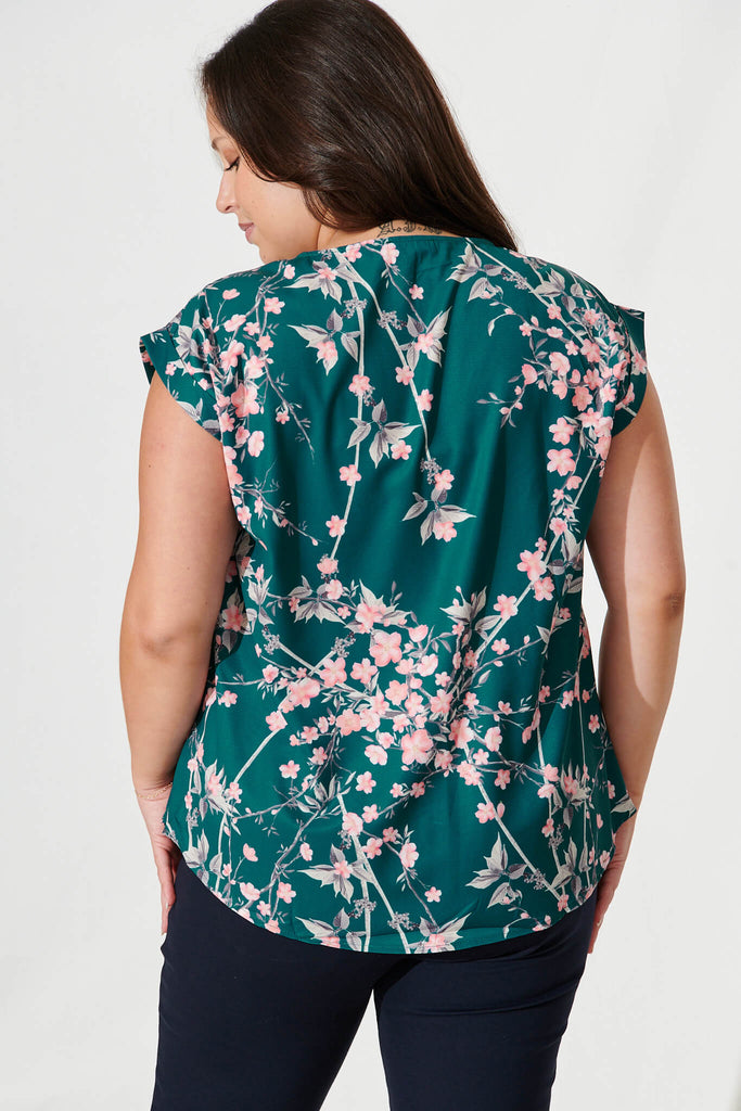 Jina Top In Teal With Pink Cherry Blossom - back