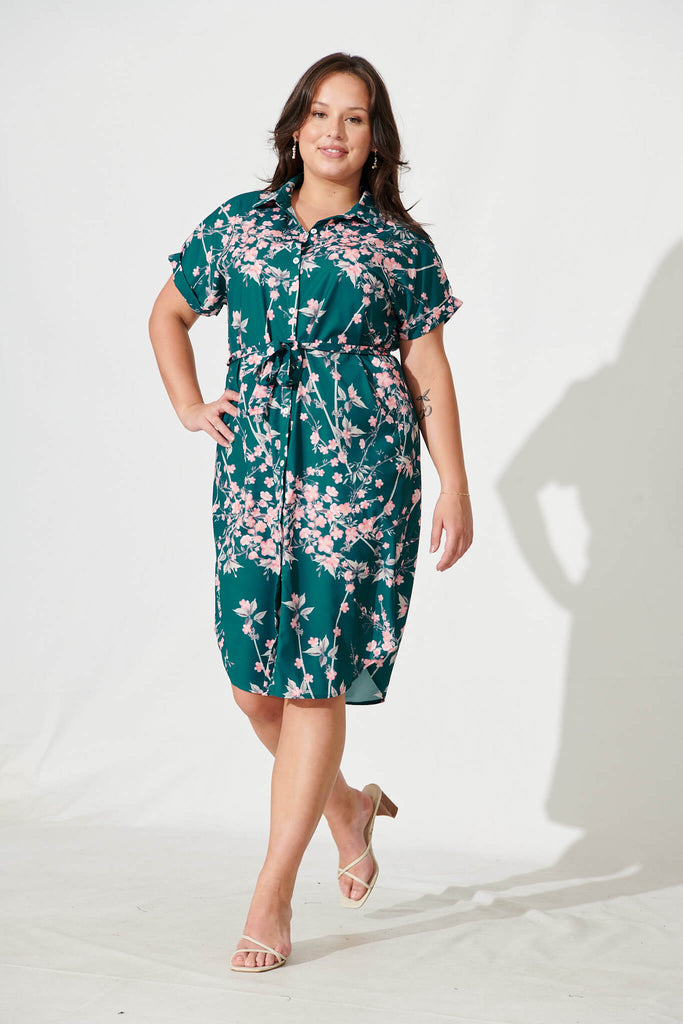 Maddison Shirt Dress In Teal With Pink Cherry Blossom - full length