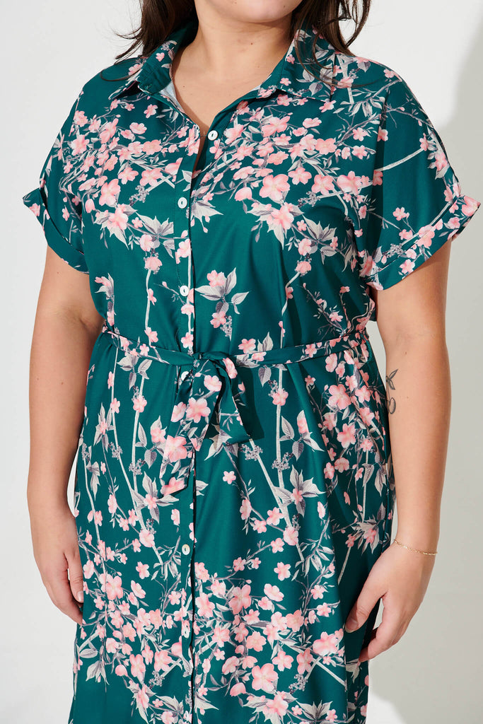 Maddison Shirt Dress In Teal With Pink Cherry Blossom - detail