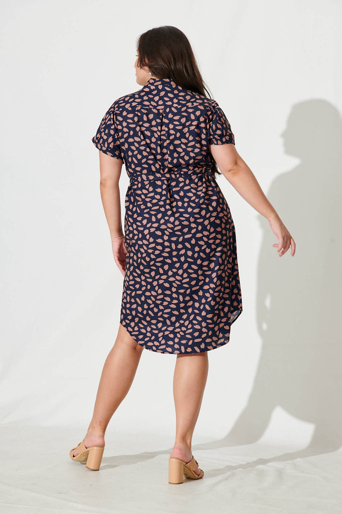 Maddison Shirt Dress in Navy with Rust Leaf - back